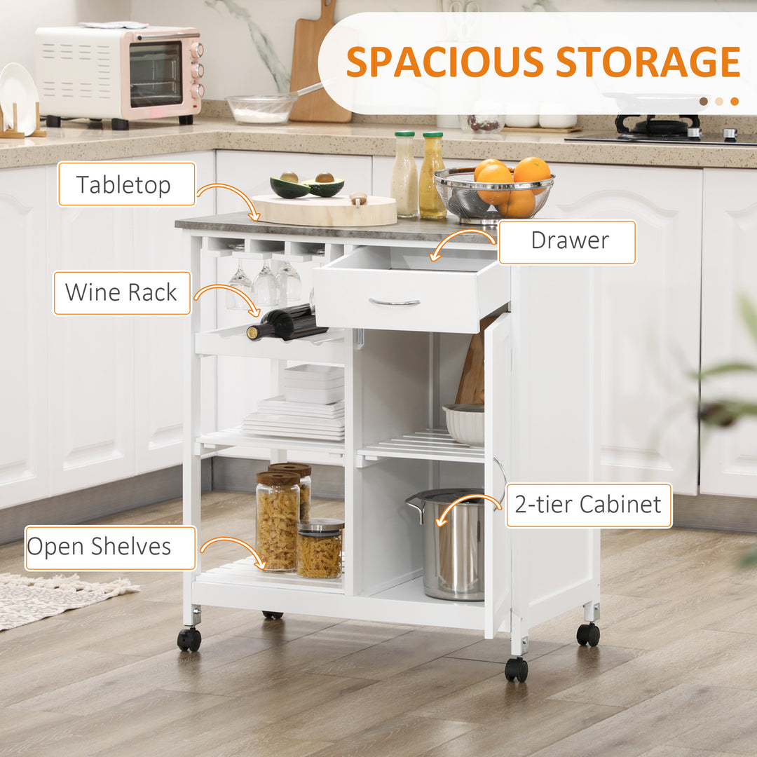 HOMCOM Rolling Kitchen Cart, Bar Cart on Wheels with Wine Rack, Drawer, Open Shelves, Cabinet and Faux Marble Top, Kitchen Island with Storage, White