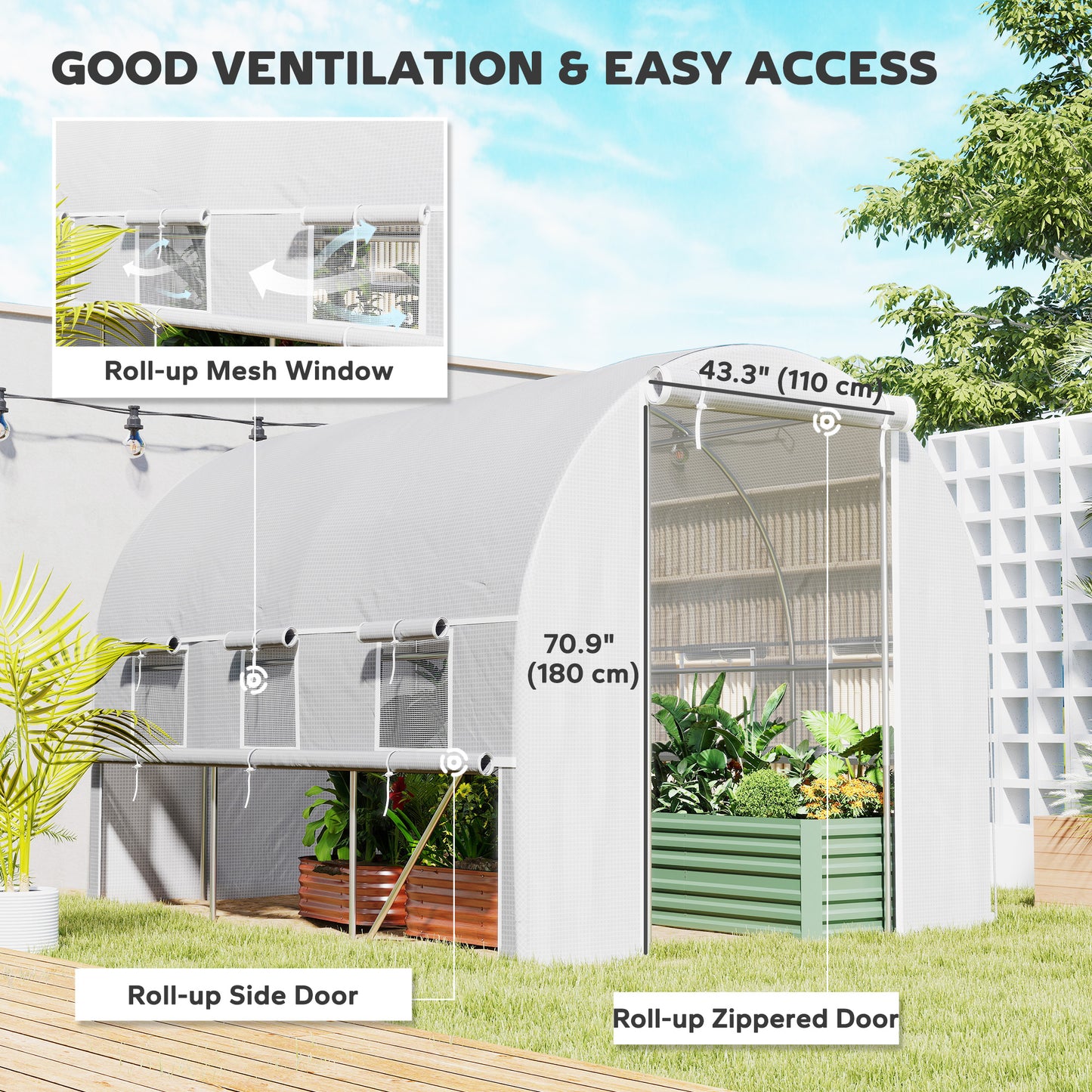 Outsunny 10' x 6.6' x 6.6' Walk-in Tunnel Greenhouse with Quality PE Cover, Zipper Doors & Mesh Windows, White