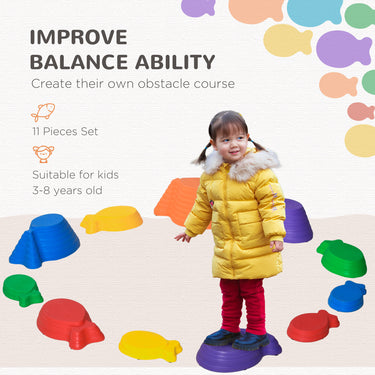 Outsunny 11pcs Balance Stepping Stones for Kids, Fish Style Non-slip Obstacle Course, Larger Size Stackable Balance Blocks Indoor Outdoor