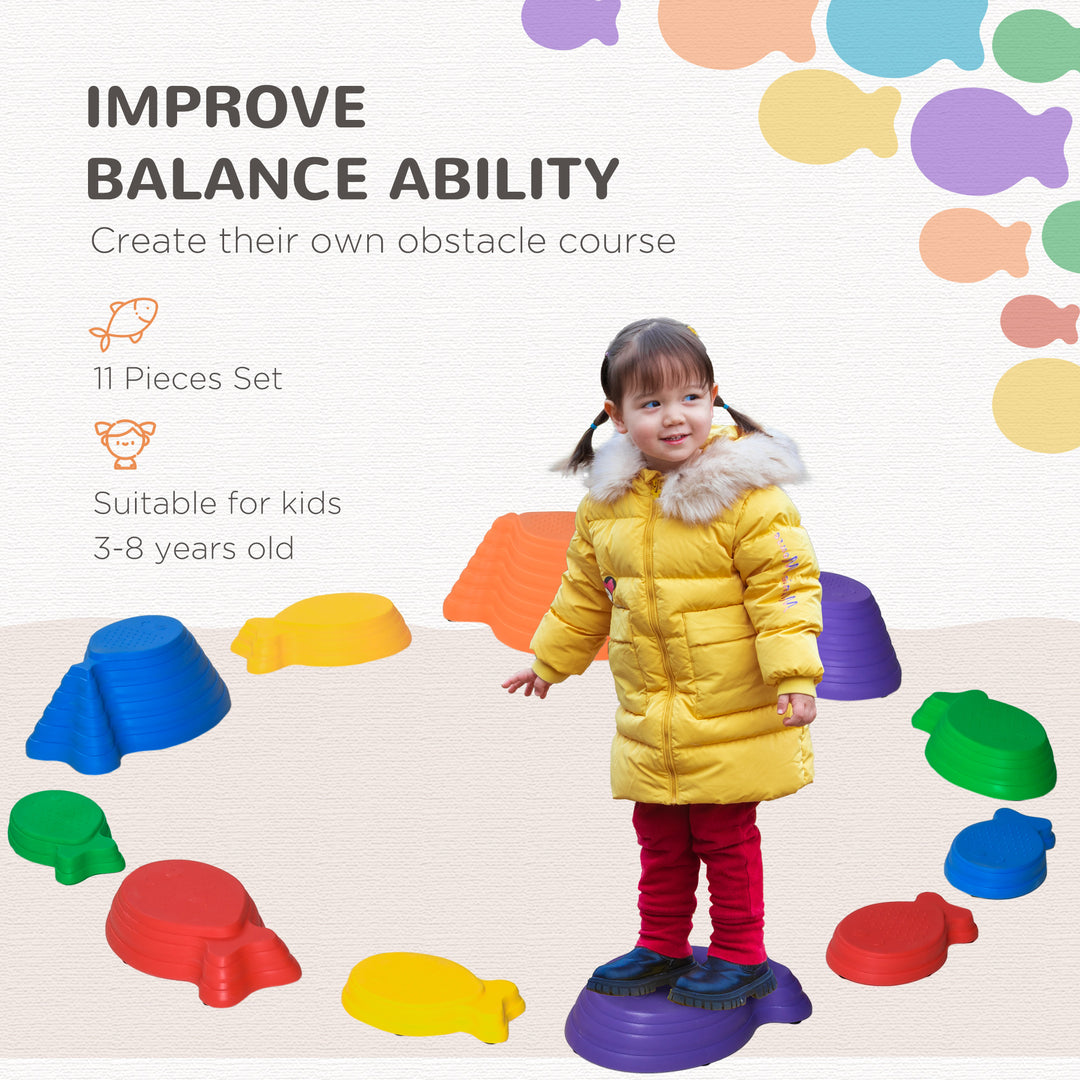 Outsunny 11pcs Balance Stepping Stones for Kids, Fish Style Non-slip Obstacle Course, Larger Size Stackable Balance Blocks Indoor Outdoor