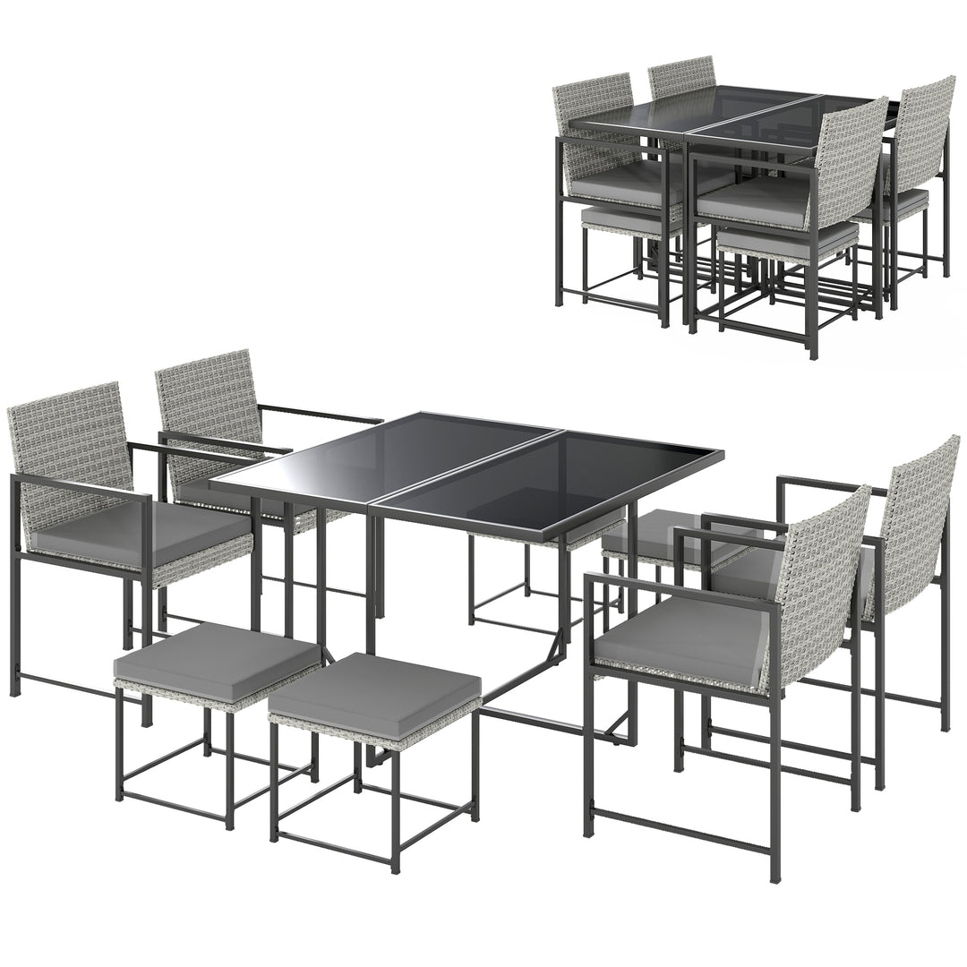 Outsunny 9 Pieces Wicker Patio Dining Set with 4 Armchairs, 4 Stools, Tempered Glass Top, Removable Cushions, Light Grey
