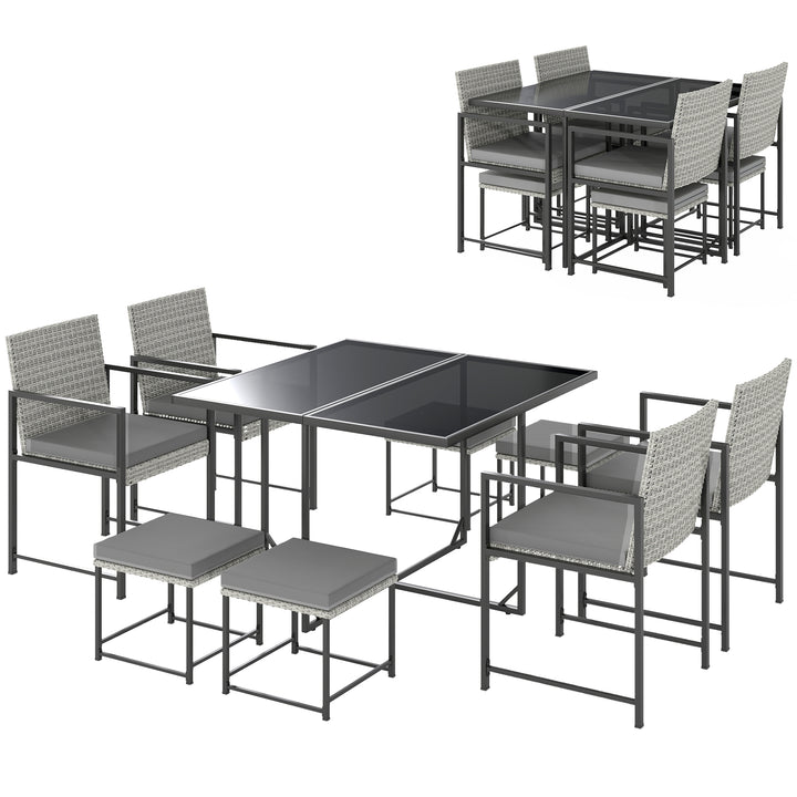 Outsunny 9 Pieces Wicker Patio Dining Set with 4 Armchairs, 4 Stools, Tempered Glass Top, Removable Cushions, Light Grey