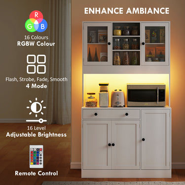 HOMCOM Tall Kitchen Pantry with LED Light, Freestanding Storage Cabinet with Hutch, Shelves, Drawer, Doors, White