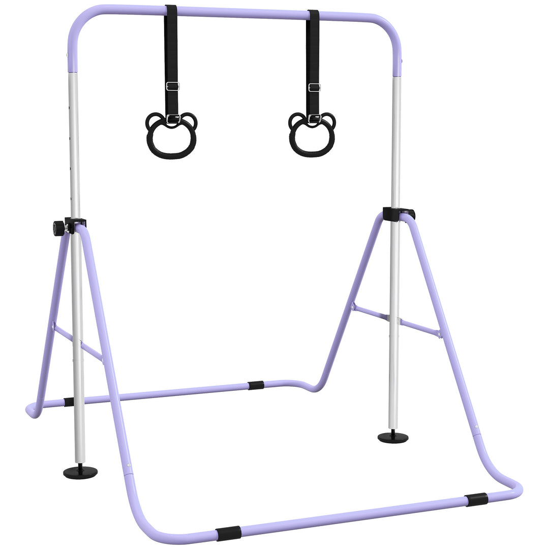 Qaba Kids Gymnastics Bar, Adjustable Height Folding Horizontal Bar with Gymnastics Rings, Non-slip Rubber Floor Rings, Purple