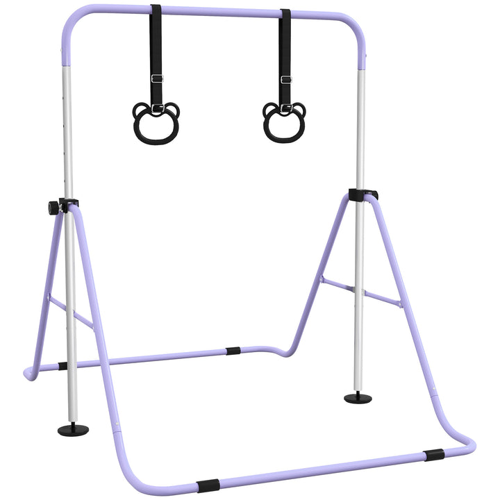 Qaba Kids Gymnastics Bar, Adjustable Height Folding Horizontal Bar with Gymnastics Rings, Non-slip Rubber Floor Rings, Purple