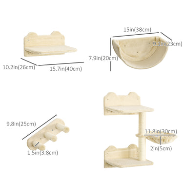 PawHut Cat Wall Shelves, 3PCs Cat Shelves with Hammock, Scratching Post, 3 Steps, Jumping Platforms, Wall Mounted Cat Climber, Beige