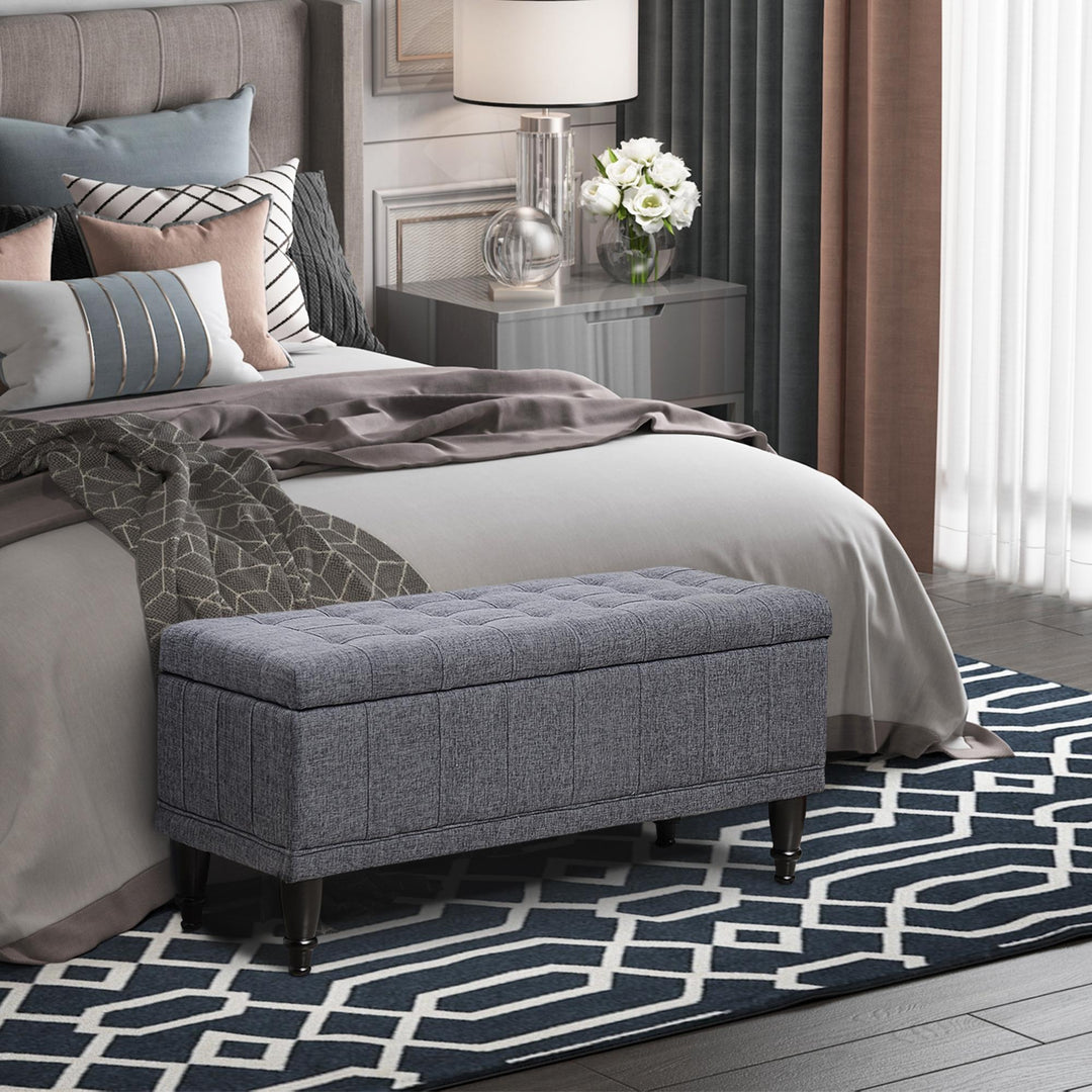 HOMCOM Storage Ottoman, Linen Fabric End of Bed Bench with Soft Close Lid, Button Tufted Storage Bench for Living Room, Entryway or Bedroom, 42" x 17" x 19", Grey