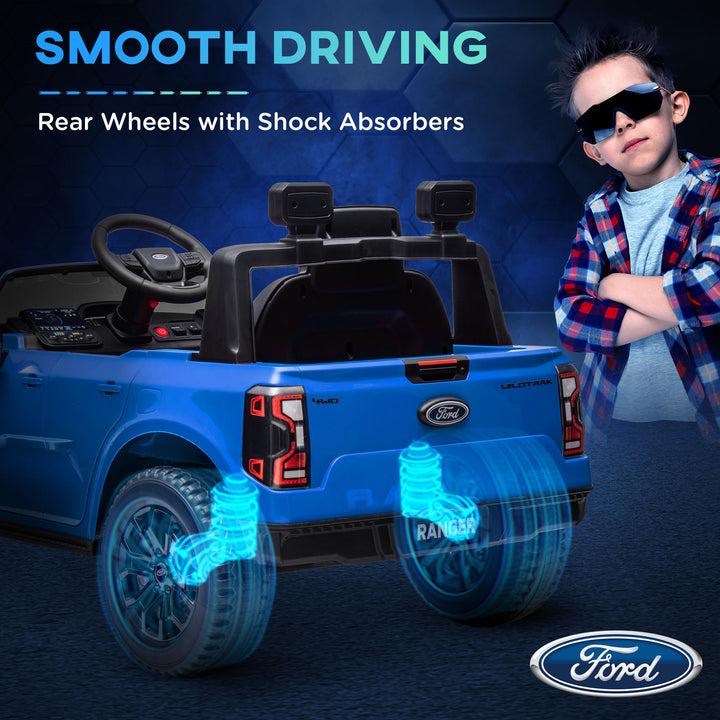 Qaba Ford Ranger Licensed 12V Ride on Car Battery Powered Kids Truck w/ Rear Storage Remote, Spring Suspension, Blue