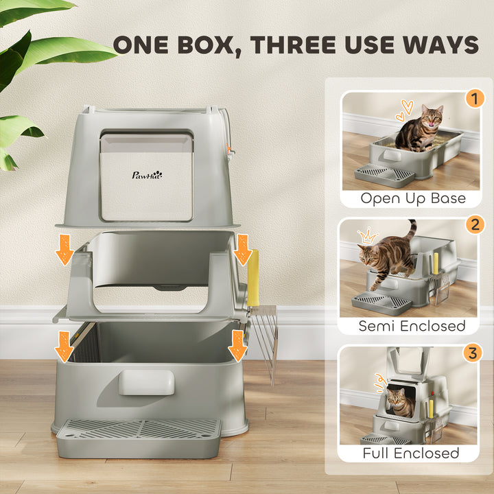 PawHut 80L XL Stainless Steel Cat Litter Box for Big Cats with Flip Cover, Pull-Out Drawer Tray, High Sided, Pedal, Light Grey