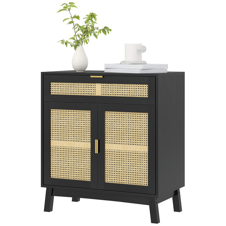 HOMCOM Boho Sideboard Storage Cabinet with Rattan Doors, Black