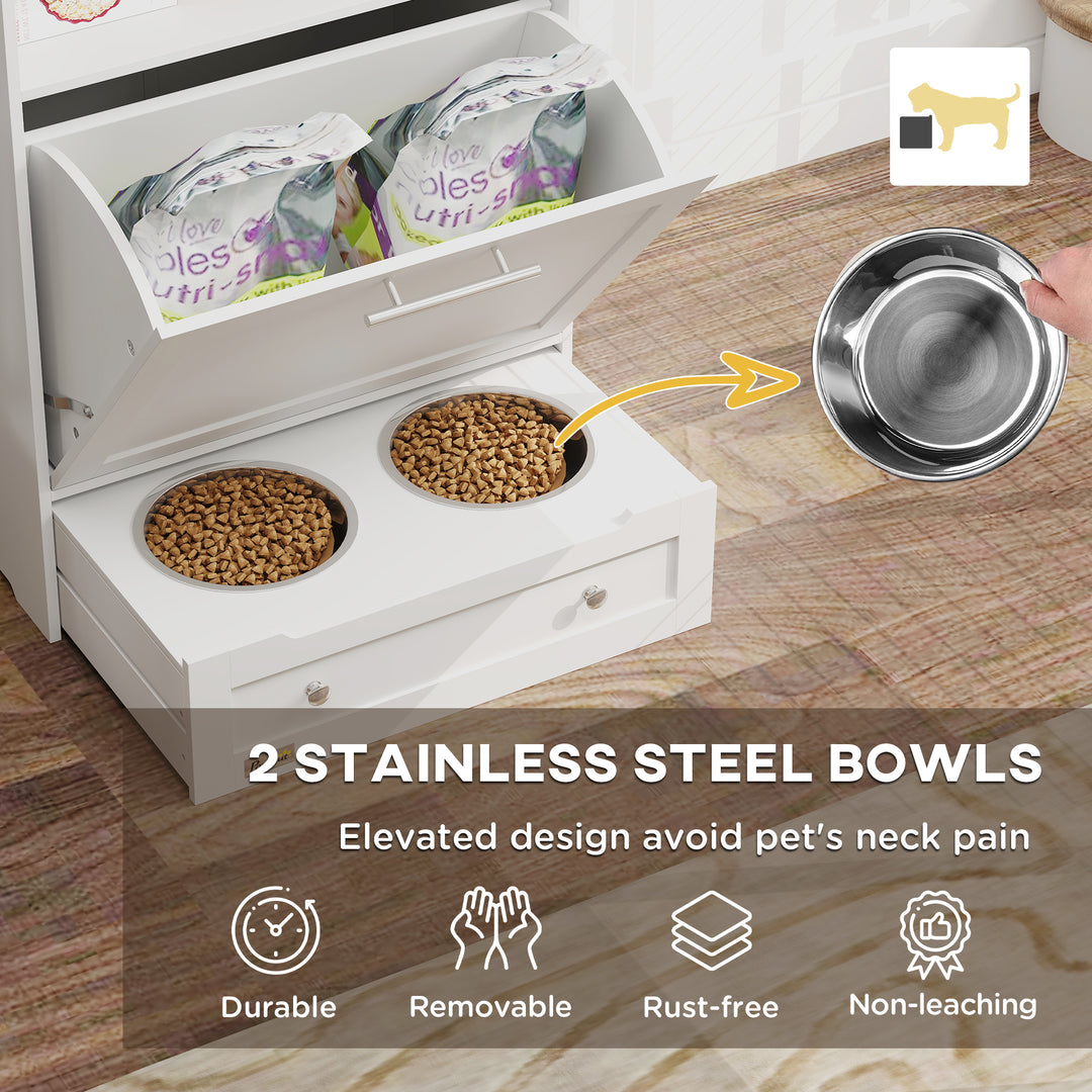 PawHut Pet Feeder Station Storage Cabinet, Dog Food Storage Container with Dog Raised Bowls, Watering Supplies, Gray