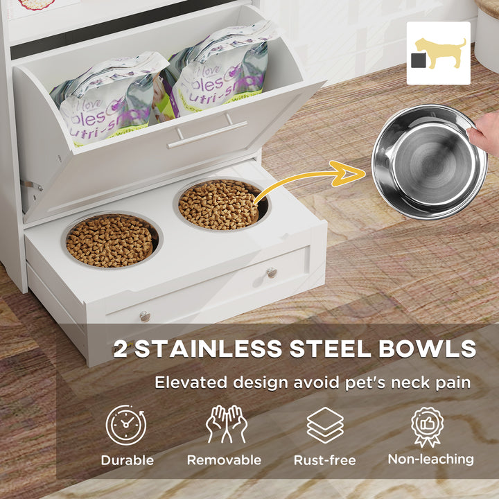 PawHut Pet Feeder Station Storage Cabinet, Dog Food Storage Container with Dog Raised Bowls, Watering Supplies, Gray
