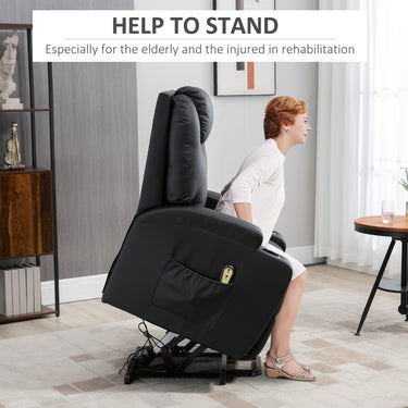 HOMCOM Power Lift Recliner Chair for Elderly, PU Leather Lift Chair with Footrest, Remote Control, Side Pockets and Cup Holders, Reclining Sofa for Living Room, Black