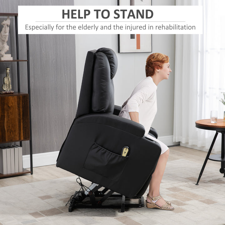 HOMCOM Power Lift Recliner Chair for Elderly, PU Leather Lift Chair with Footrest, Remote Control, Side Pockets and Cup Holders, Reclining Sofa for Living Room, Black