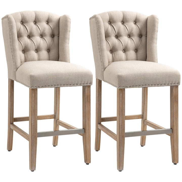 HOMCOM Counter Height Bar Stools Set of 2, Upholstered Bar Chairs with Nailhead Backrest and Footrest, Charcoal Grey