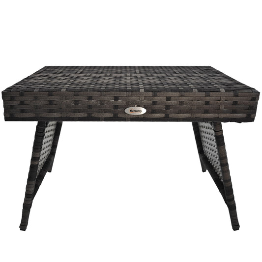 Outsunny Outdoor Rattan Foldable End Table, Metal Frame Patio Wicker Table, Coffee Table Side Table for Poolside, Lawn, Garden, Mixed Grey