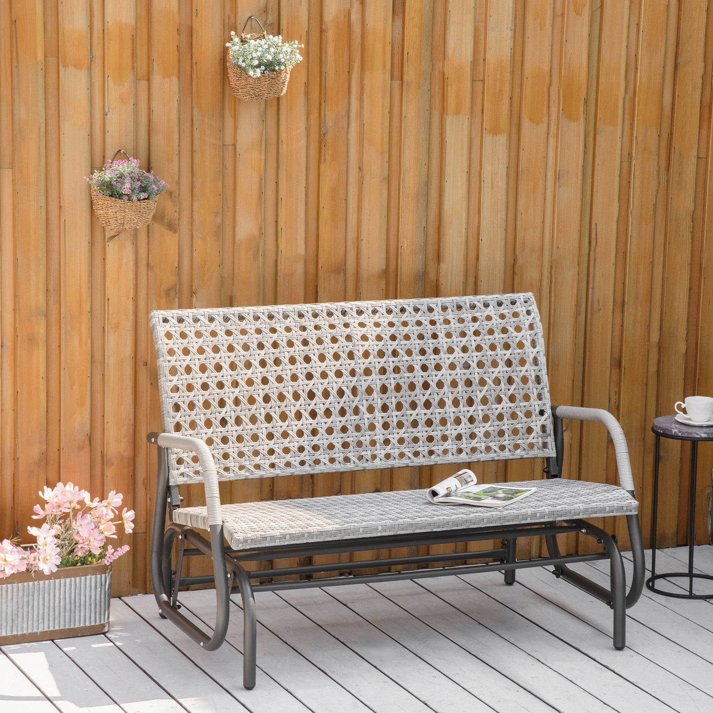 Outsunny 2 Seater Wicker Outdoor Glider Bench, Patio Swing Garden Bench, Garden Loveseat Rocking Chair, w/ Extra Wide Seat, Curved Backrest for Backyard, Poolside, Lawn, Mixed Grey