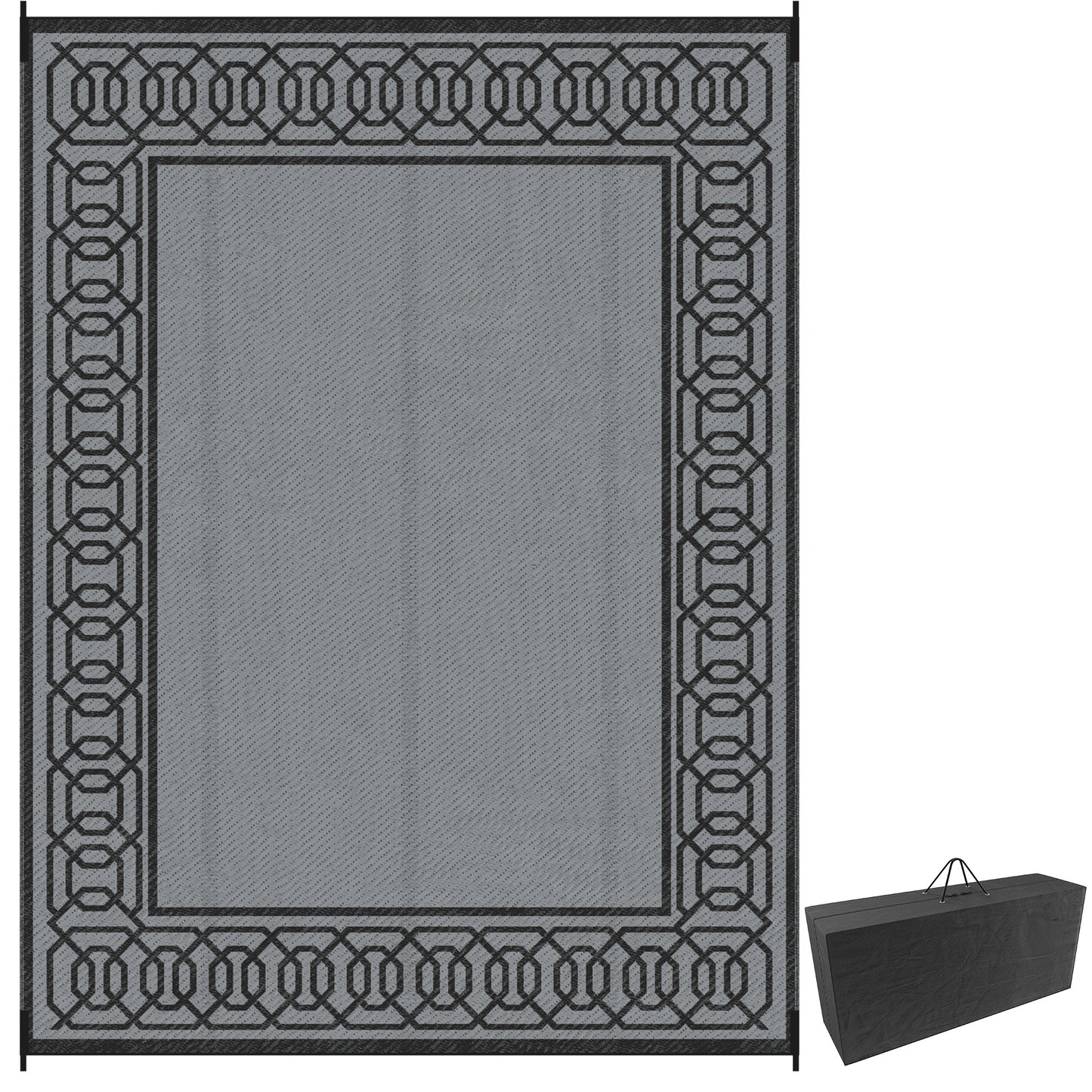 Outsunny Portable Outdoor Rug with Carrying Bag, 9' x 12' Reversible Mat, Waterproof Plastic Straw RV Rug for Backyard, Deck, Picnic, Beach, Camping, Black and Grey
