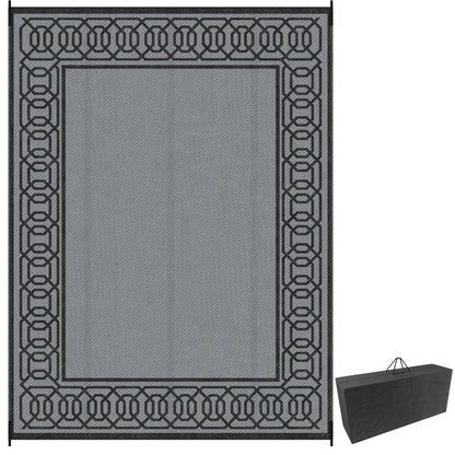 Outsunny Portable Outdoor Rug with Carrying Bag, 9' x 12' Reversible Mat, Waterproof Plastic Straw RV Rug for Backyard, Deck, Picnic, Beach, Camping, Black and Grey