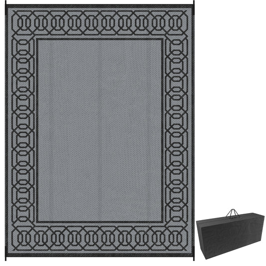 Outsunny Portable Outdoor Rug with Carrying Bag, 9' x 12' Reversible Mat, Waterproof Plastic Straw RV Rug for Backyard, Deck, Picnic, Beach, Camping, Black and Grey