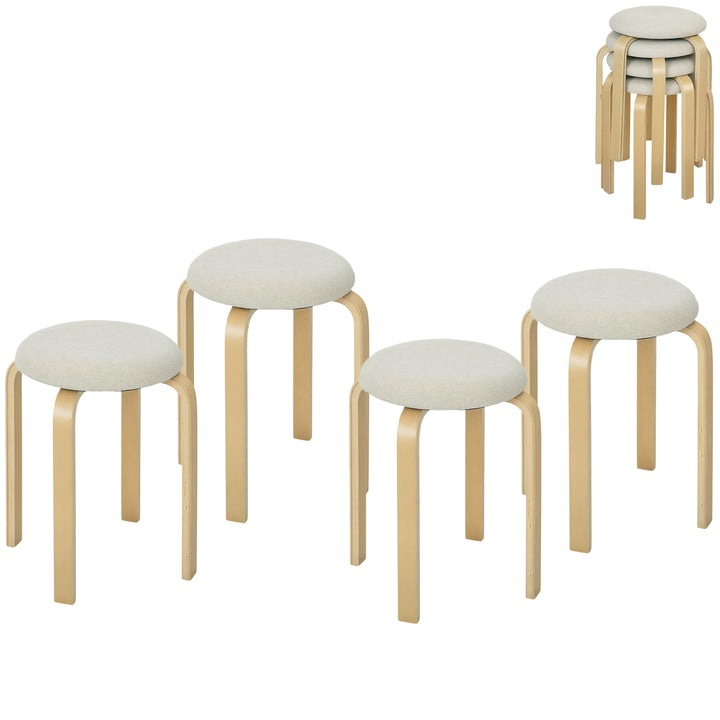 HOMCOM Stackable Wood Stools Set of 4, Stacking Kitchen Stools with Padded Seat for Dining Room, Living Room, Cream White