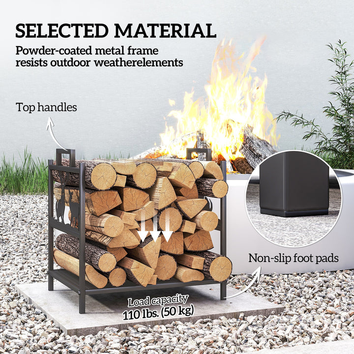 Outsunny Heavy Duty Log Stand, Firewood Rack Outdoor with Handles, Wood Storage Holder for Fireplace, Black