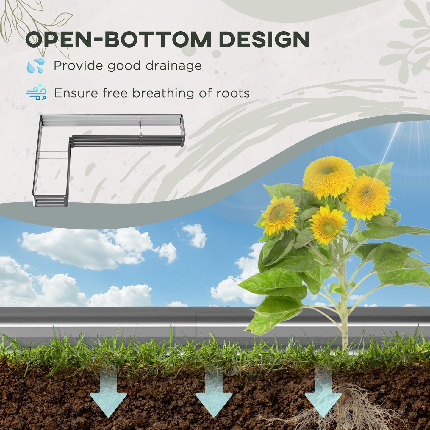 Outsunny L-Shaped Raised Garden Bed, 82" x 109" x 12" Galvanized Steel Planter Box with Multi-reinforced Rods for Vegetables, Flowers and Herbs, Dark Grey