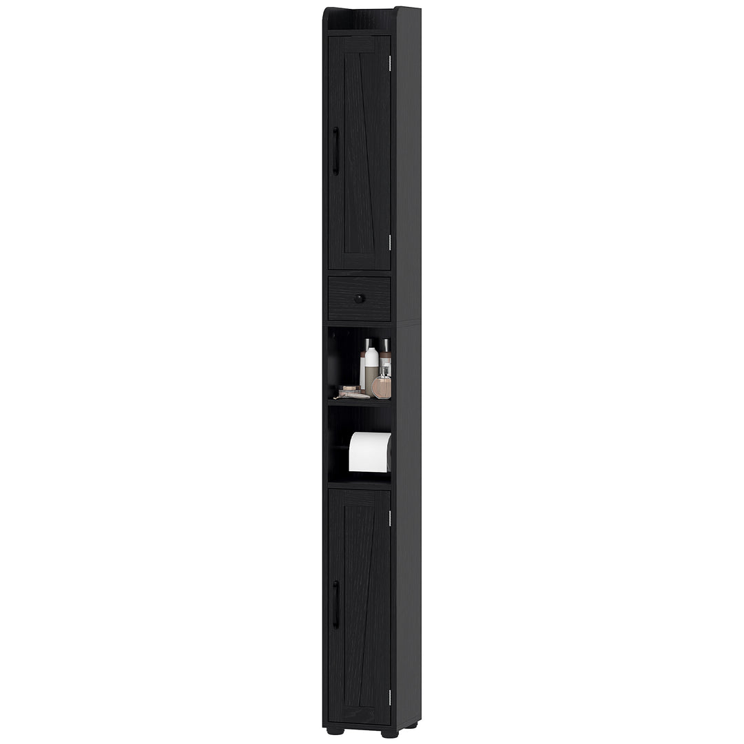HOMCOM Narrow Bathroom Cabinet, Tall Bathroom Storage Cabinet with Barn Doors, Drawer and Adjustable Shelves, Brown Wood Grain