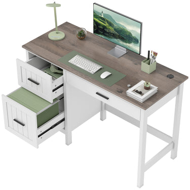 HOMCOM Computer Desk with 3 Drawers, Farmhouse Home Office Desk with File Drawer and Wood Grain Top for Small Spaces, White