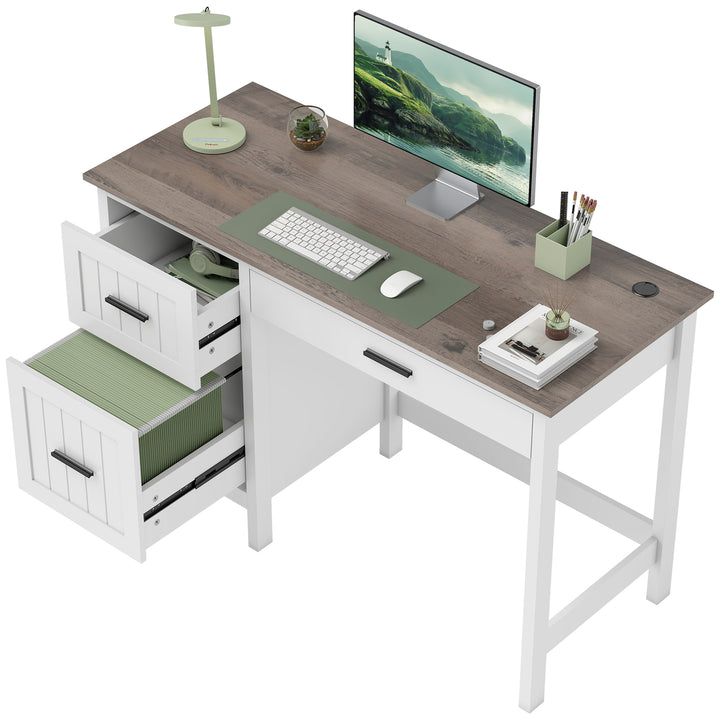 HOMCOM Computer Desk with 3 Drawers, Farmhouse Home Office Desk with File Drawer and Wood Grain Top for Small Spaces, White
