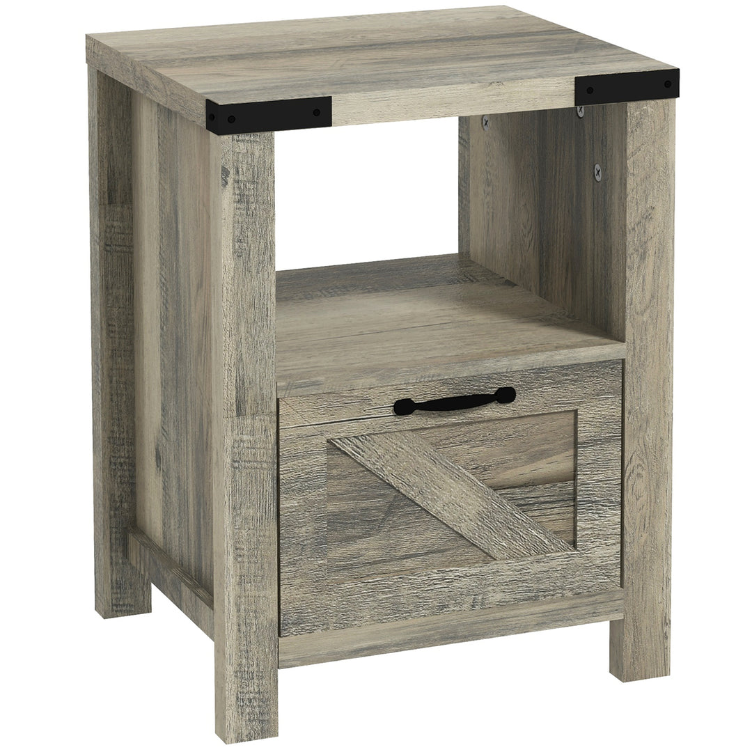 HOMCOM Side Table with Storage, Farmhouse End Table with Drawer, Open Shelf and Barn-style Panel, Nightstand for Living Room, Bedroom, Oak