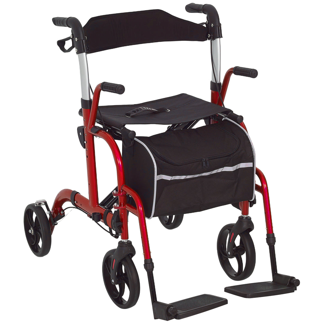 HOMCOM Rollator Walker with Seat, Folding Rolling Walker with 8" Wheels, Walker for Seniors with Adjustable Height, Red