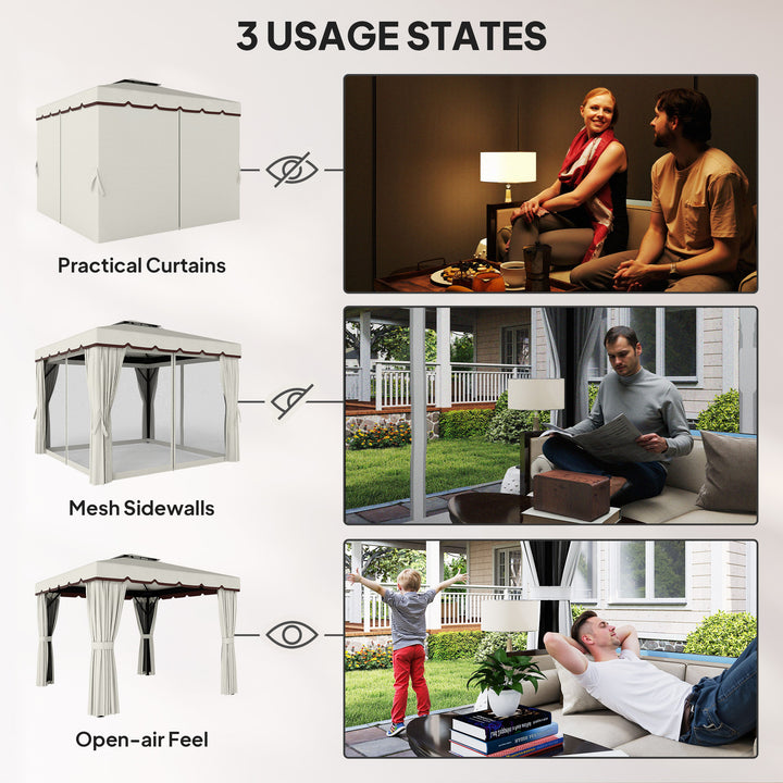 Outsunny 10' x 10' Outdoor Patio Gazebo Double Soft-top Garden Shelter Tent with Curtains, & Mesh Screen Drapes, Brown