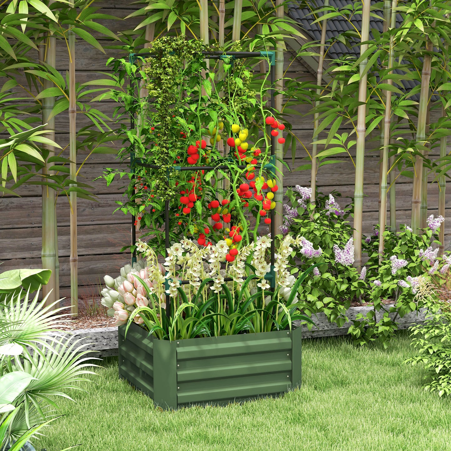 Outsunny Galvanized Planter Box, Outdoor Raised Garden Bed with 4-Tier Trellis Tomato Cage for Climbing Vines, Vegetables, Green