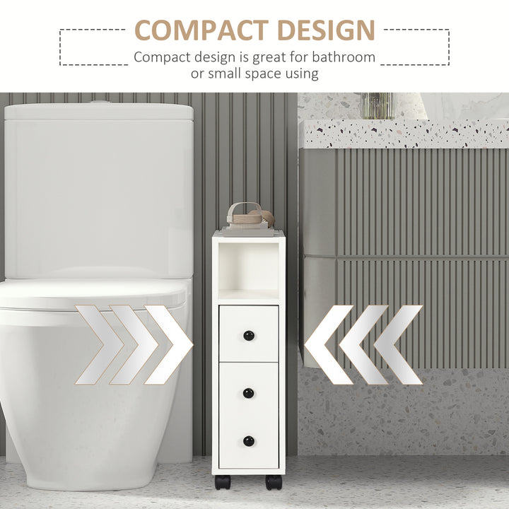 kleankin Slim Bathroom Cabinet with Wheels, Narrow Bathroom Storage Cabinet with Door, Drawer and 2 Open Compartments, White