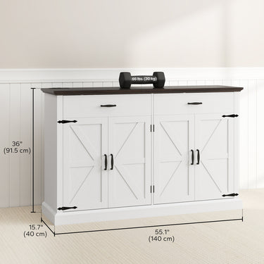 HOMCOM 55" Buffet Cabinet, Farmhouse Sideboard with 1.2" Thick Top, 4 Barn Doors, 2 Drawers and 2 Adjustable Shelves, White