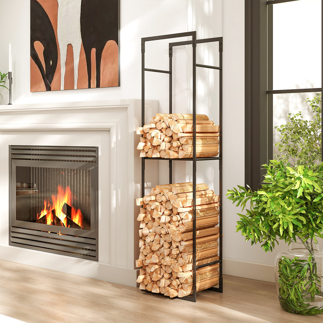 Outsunny Firewood Rack Outdoor, Heavy Duty Log Holder with Adjustable Shelf for Fireplace, Indoor Outdoor Fire Wood Storage Rack