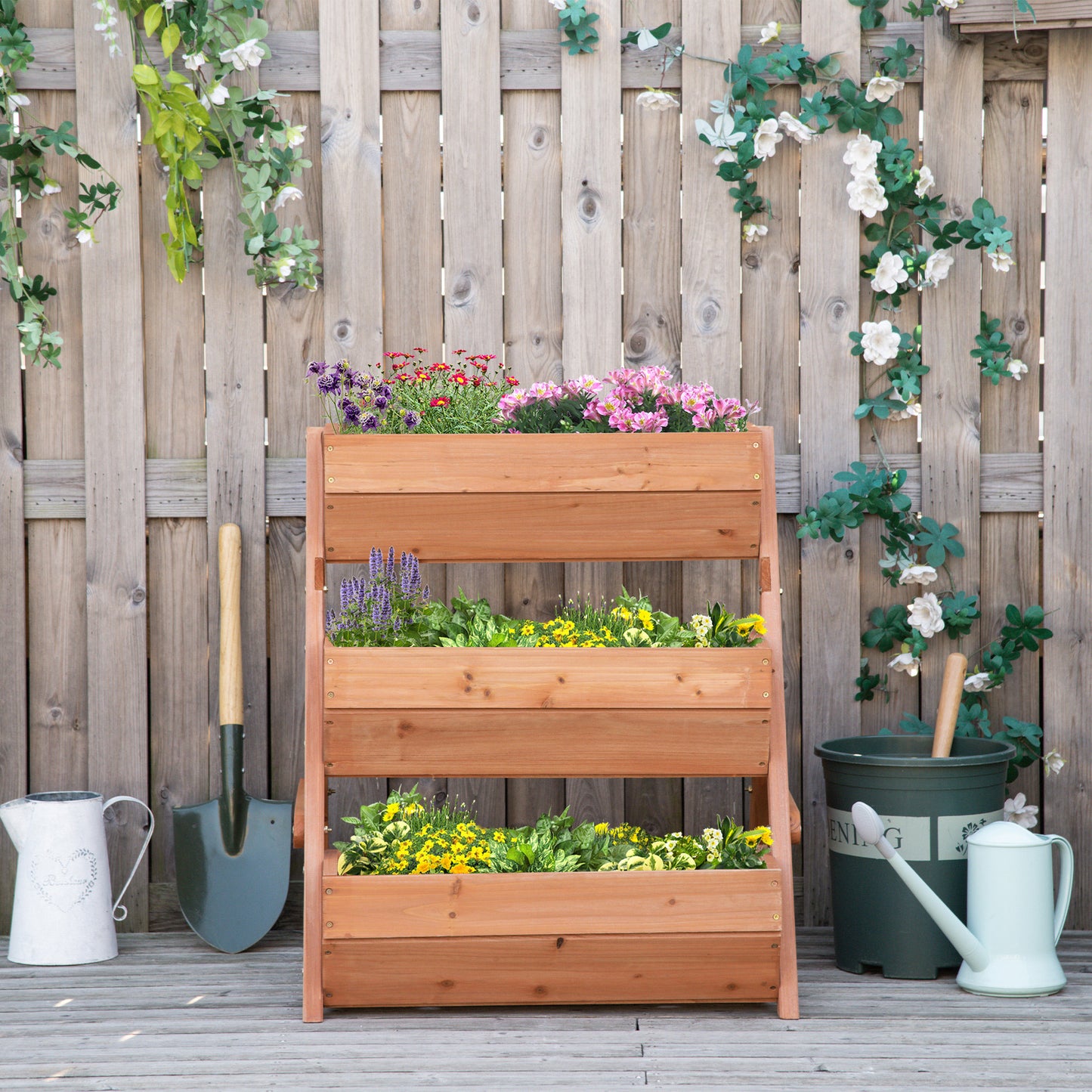 Outsunny 3 Tier Elevated Planter Box, Vertical Wooden Raised Garden Bed for Flowers, Vegetables, Herbs, 26" x 30" x 30", Green