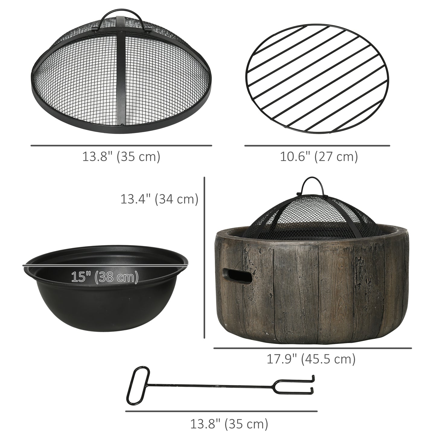 Outsunny 18" Metal Outdoor Fire Pit Wood Burning Fire Bowl with Spark Cover, Poker for Patio, Picnic, Backyard, Dark Brown