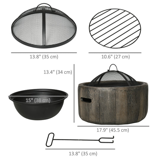 Outsunny 18" Metal Outdoor Fire Pit Wood Burning Fire Bowl with Spark Cover, Poker for Patio, Picnic, Backyard, Dark Brown