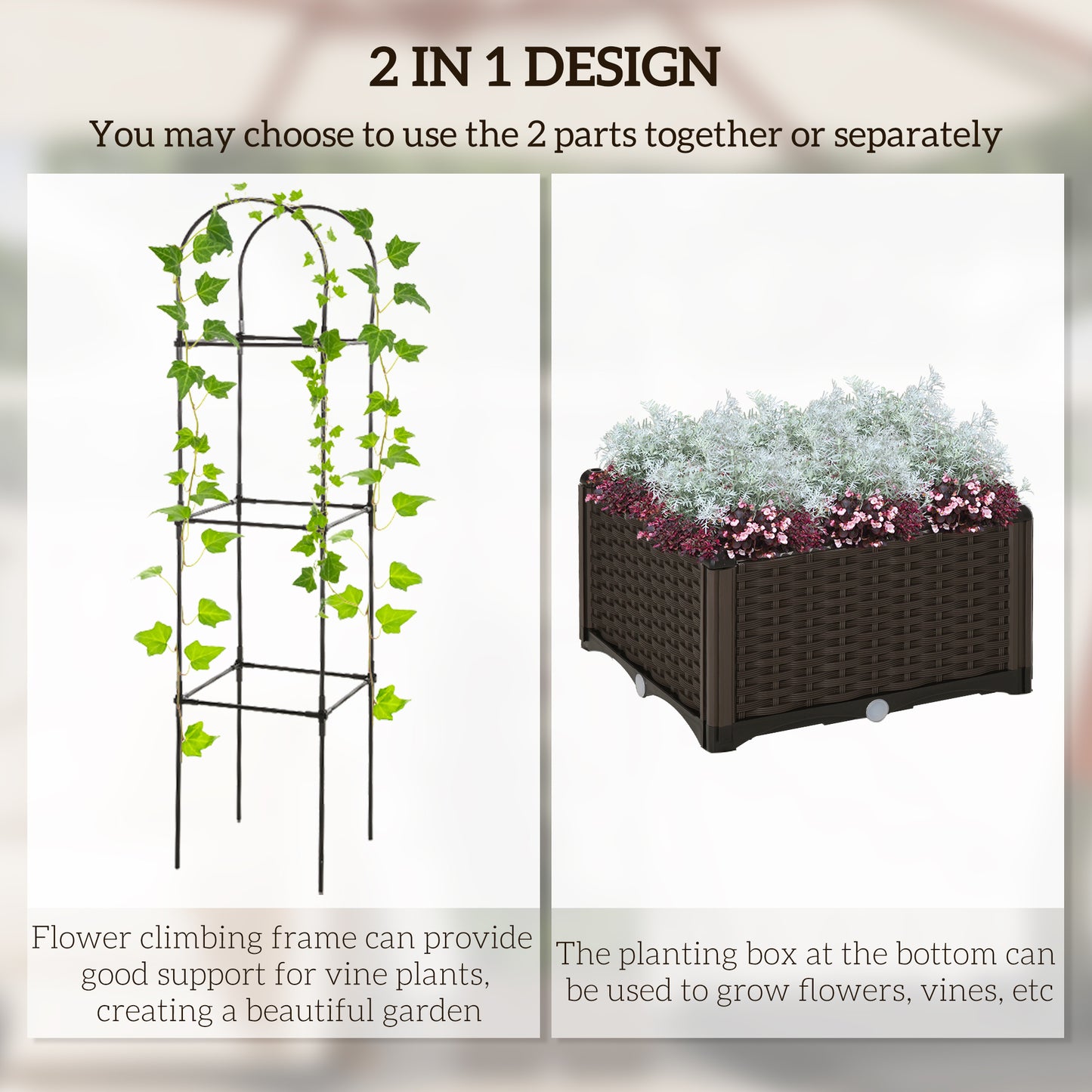 Outsunny Raised Garden Bed with Tomato Planter Cage, Plastic Planter Box with Trellis, Self-Watering Disk, Drainage Holes for Climbing Plants