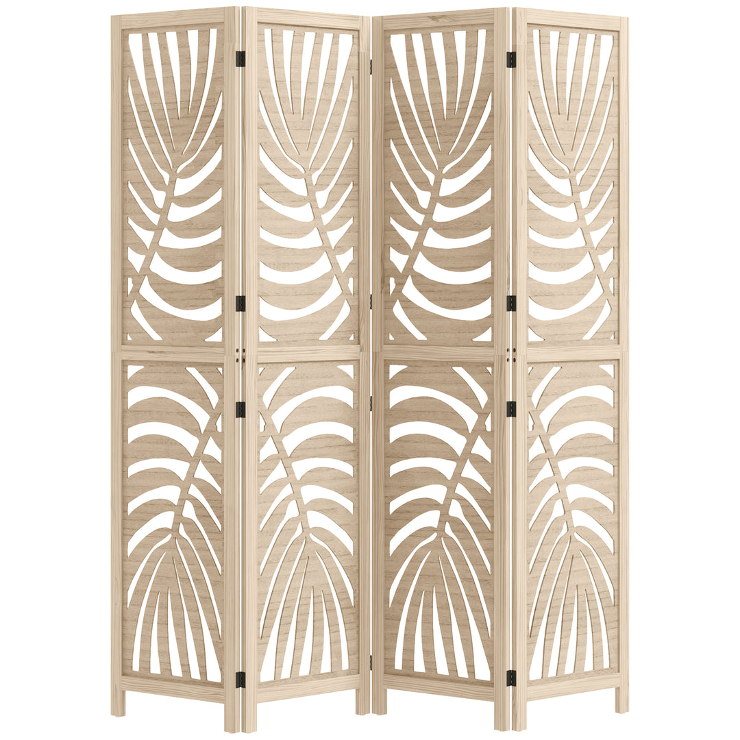 HOMCOM 4 Panel Room Divider, Detachable Folding Privacy Screens with Palm Leaf Design for Home Office, Natural Wood Finish