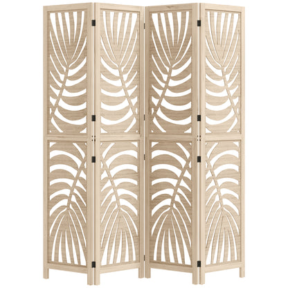HOMCOM 4 Panel Room Divider, Detachable Folding Privacy Screens with Palm Leaf Design for Home Office, Natural Wood Finish
