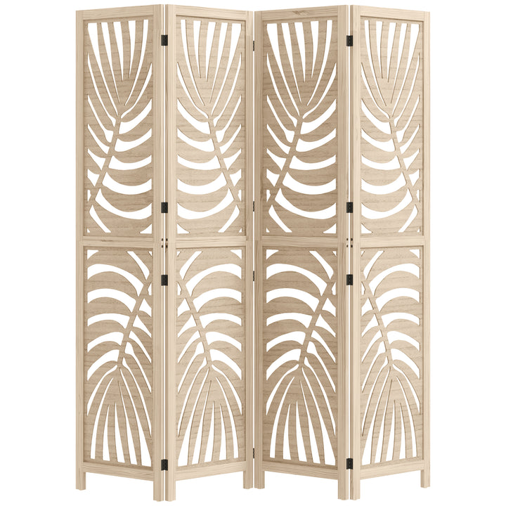 HOMCOM 4 Panel Room Divider, Detachable Folding Privacy Screens with Palm Leaf Design for Home Office, Natural Wood Finish