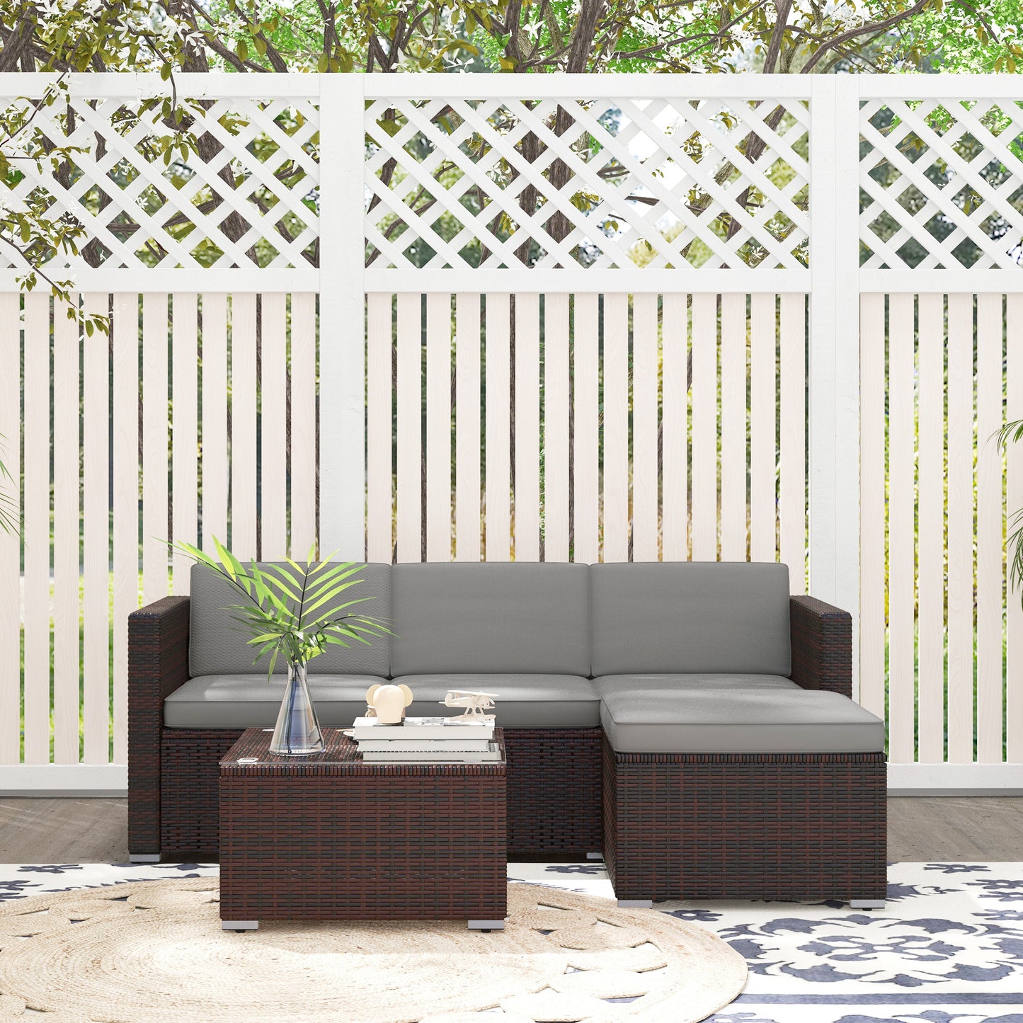 Outsunny 3 Pieces Patio Furniture Set with Cushions, Outdoor PE Rattan Wicker Conversation Corner Sofa Set with Glass Top Table and Adjustable Foot for Garden, Lawn, Cream White