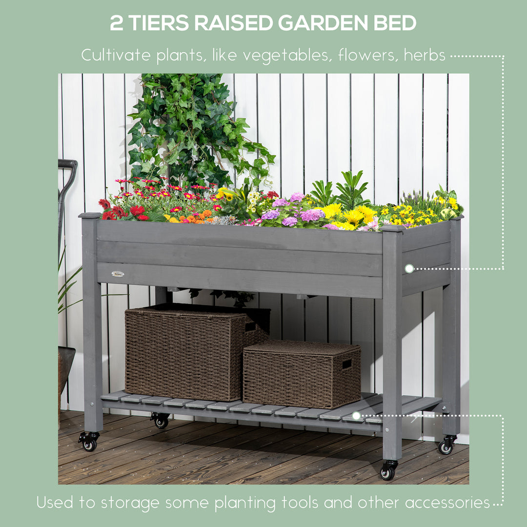 Outsunny Mobile Raised Garden Bed Elevated Wood Planter Box w/ Lockable Wheels, Storage Shelf  for Herbs Vegetables, Dark Grey