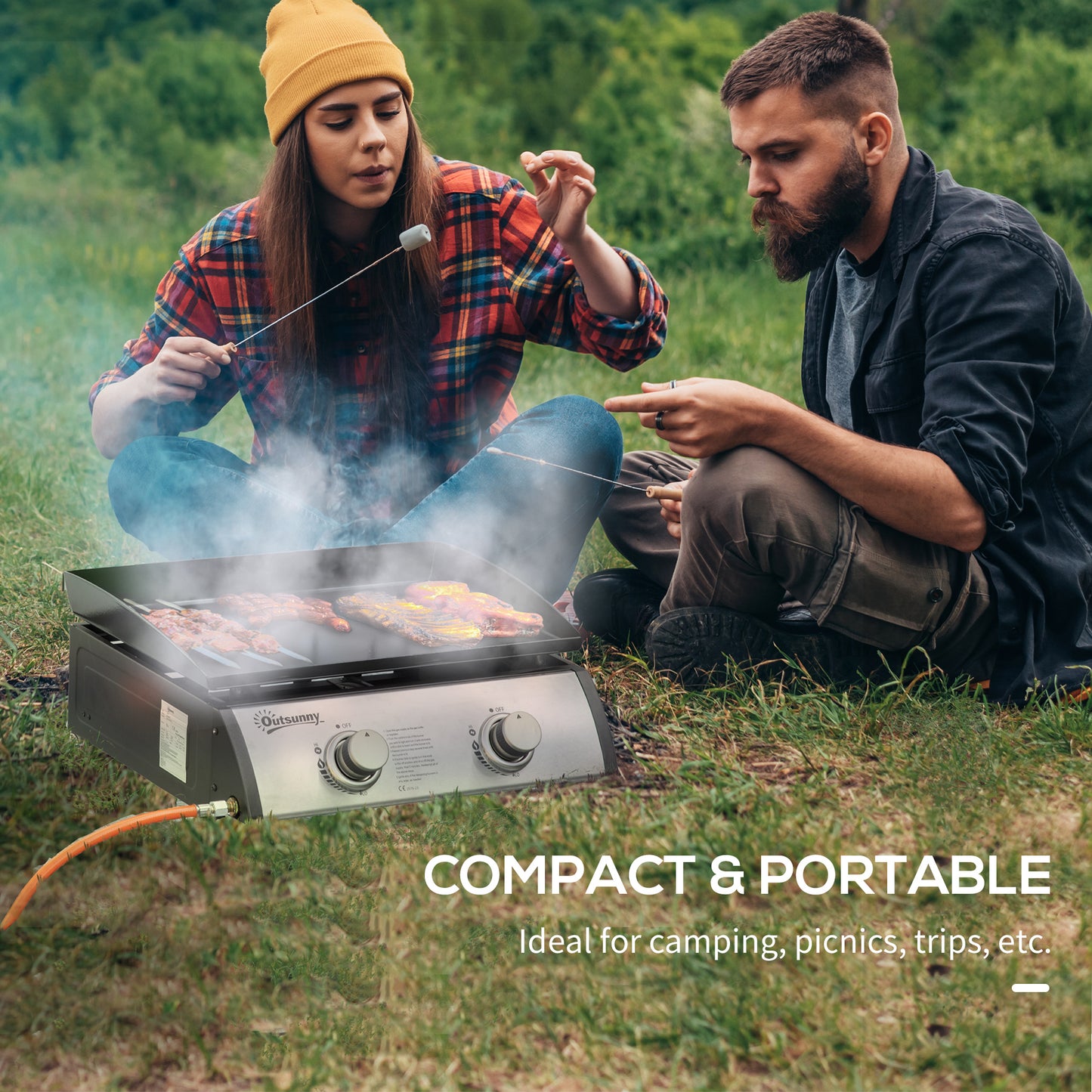 Outsunny 3 Burner Liquefied Gas Grill, Portable Tabletop BBQ Grill, for Camping, Picnic, Silver