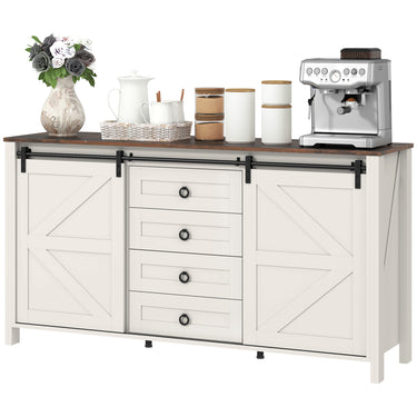 HOMCOM 60" Buffet Cabinet, Farmhouse Sideboard with Sliding Barn Doors, Drawers and Adjustable Shelves, Cream White