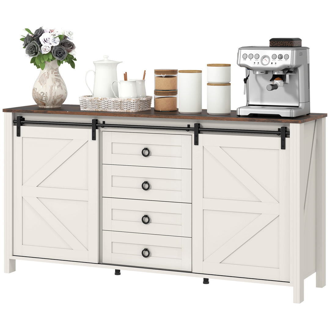 HOMCOM 60" Buffet Cabinet, Farmhouse Sideboard with Sliding Barn Doors, Drawers and Adjustable Shelves, Cream White