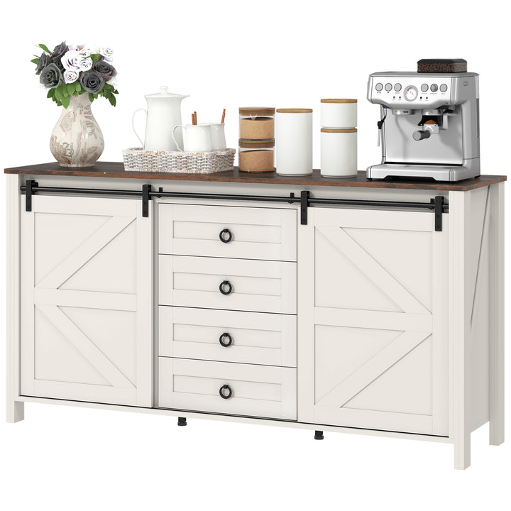 HOMCOM 60" Buffet Cabinet, Farmhouse Sideboard with Sliding Barn Doors, Drawers and Adjustable Shelves, Cream White